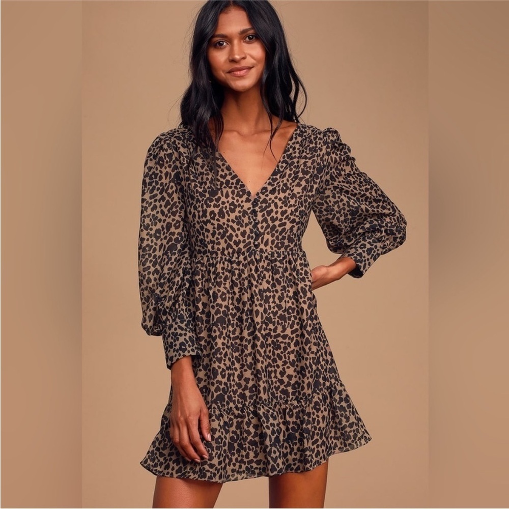 NWT‎ Lulus Rock It Out Brown and Black Leopard Print Babydoll Dress size XS